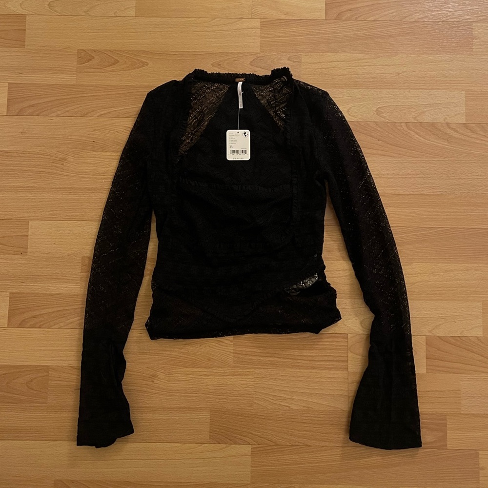 Free People Black Lace Long Sleeve Sheer Top - Picture 2 of 4